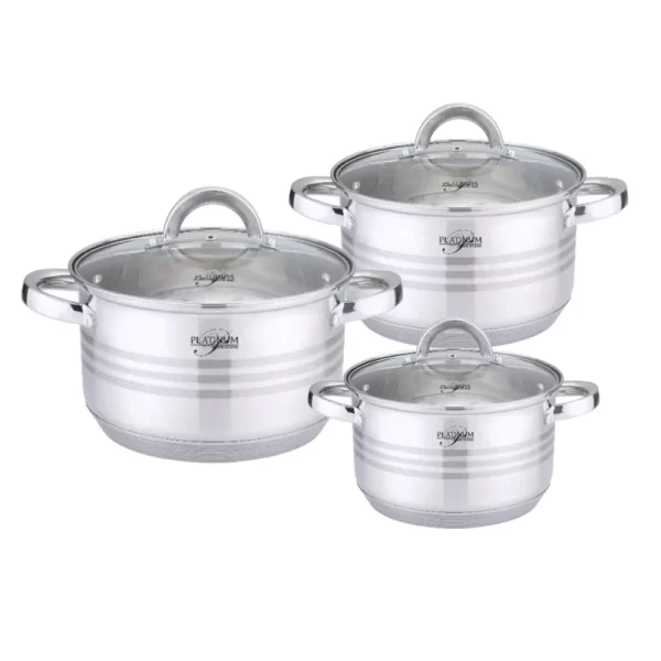 Platinum Cookware PL-10011: 6 Stuks RVS Kookpotten met Strepen Accent -16/18/20cm