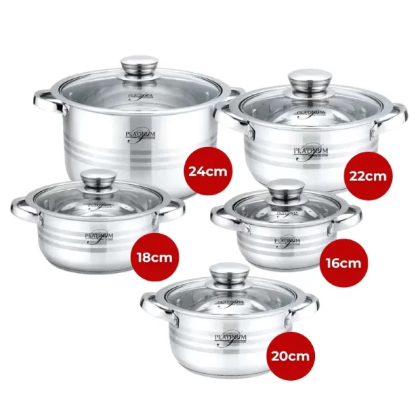 Platinum Cookware PL-10010: 10 Stuks RVS kookpotten met strepen accent - 16/18/20/22/24cm - Afbeelding 4