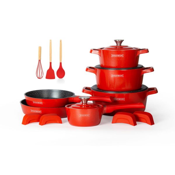 Royalty Line RL-OS1014M RED: 17-Delige Gegoten Aluminium Marmer Gecoate Kookgerei Set - Rood