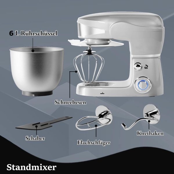 Royalty Line RL-PKM1600SIL: 1600W 6-snelheden roestvrijstalen standmixer 6L - Zilver - Afbeelding 2