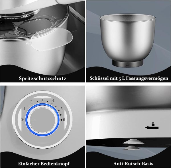 Royalty Line RL-PKM1600SIL: 1600W 6-snelheden roestvrijstalen standmixer 6L - Zilver - Afbeelding 4